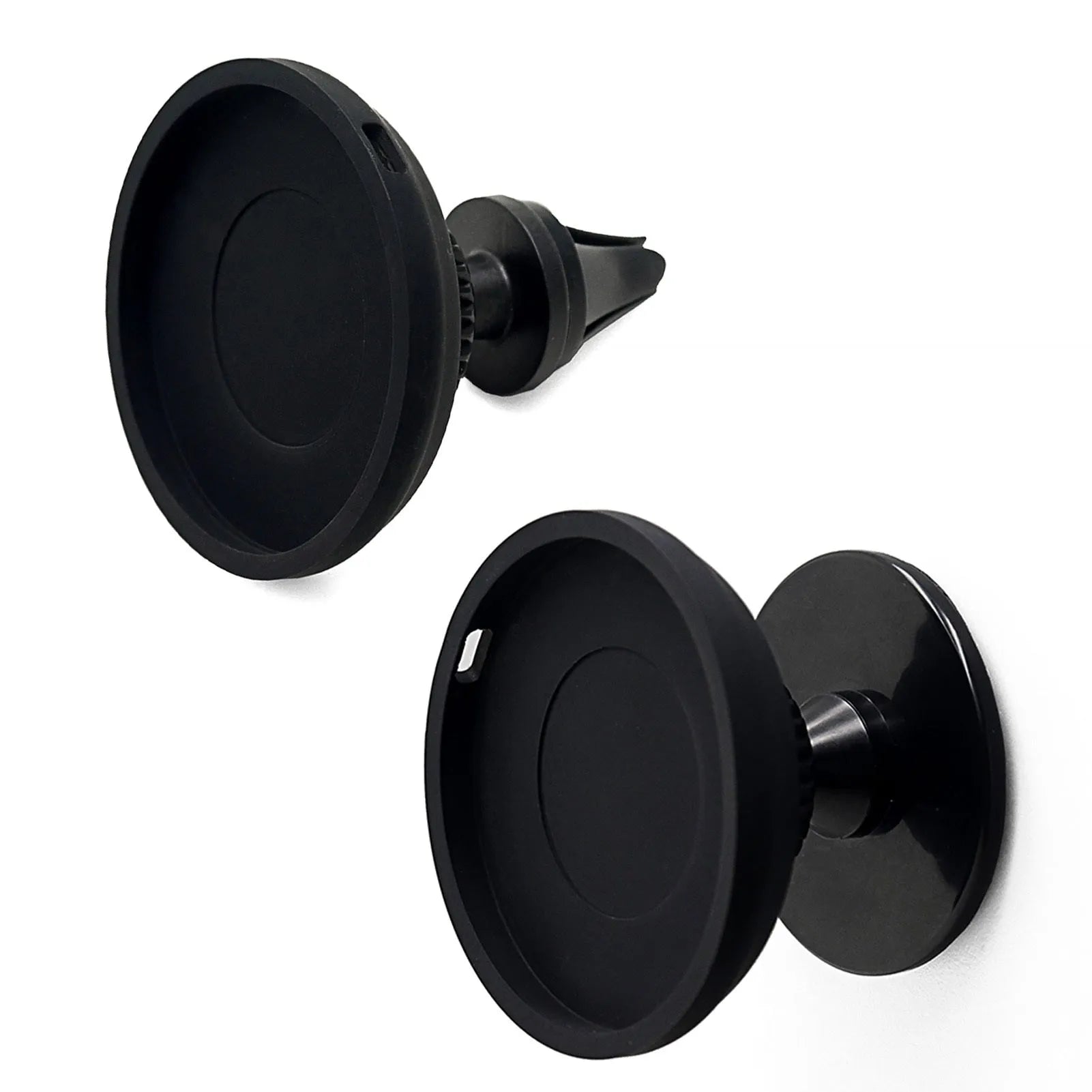 Black plastic magnetic car phone holder with snap-in design for dashboard or air vent mounting