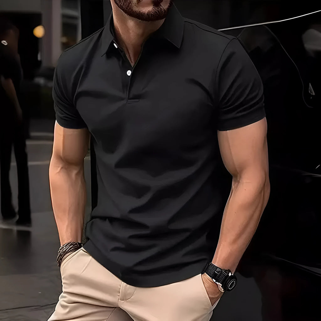 Men's slim fit solid colour button short sleeve shirt on a hanger