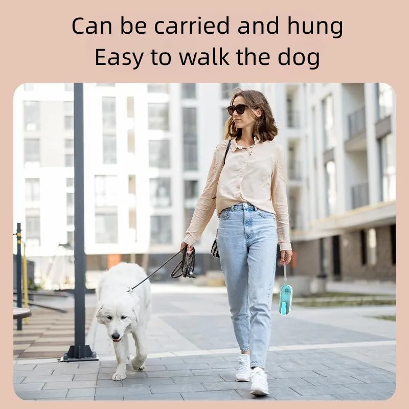Blue portable pet water bottle with foldable silicone drinking bowl extended, showing carry handle.