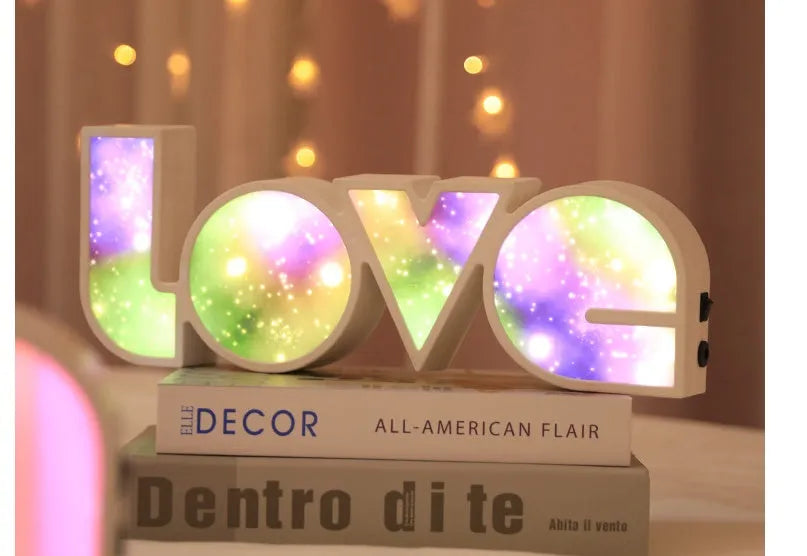 Rainbow LED LOVE decorative lamp with USB cable, measuring 35.5cm wide
