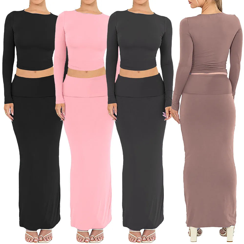 Women's autumn two-piece suit in slim fit sweet style with long skirt and three-quarter sleeve top