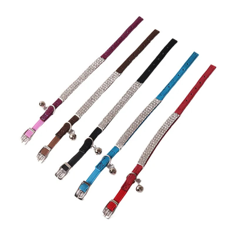 Flocked elastic buckle cat collar with drill decoration in assorted colours.