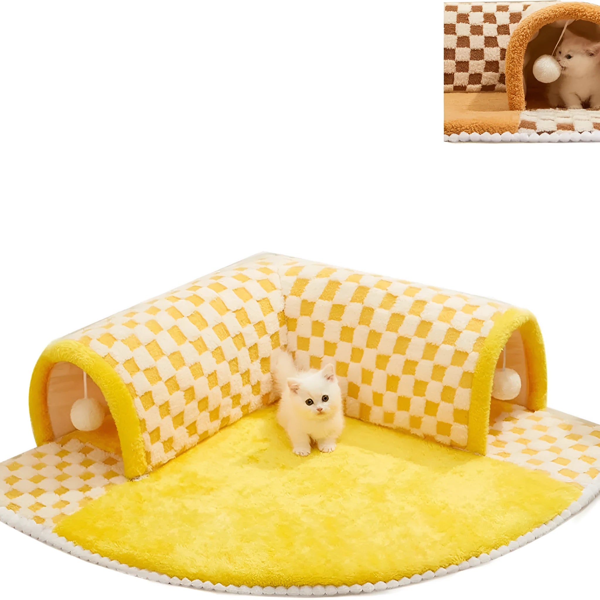 Brown plaid collapsible cat tunnel bed with central mat and zipper for indoor cats.
