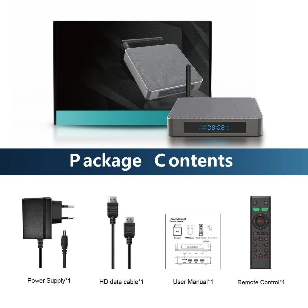 Compact black Android TV box with remote control and HDMI cable for 8K streaming