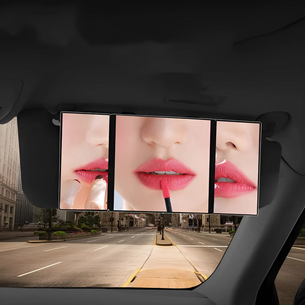 Silver car folding makeup mirror shown in both closed 15.5cm width and opened 30.5cm width positions