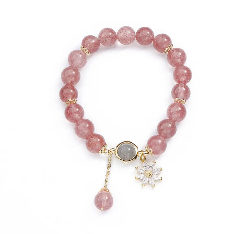 Strawberry quartz crystal bracelet with Korean Mori style floral design and electroplated finish