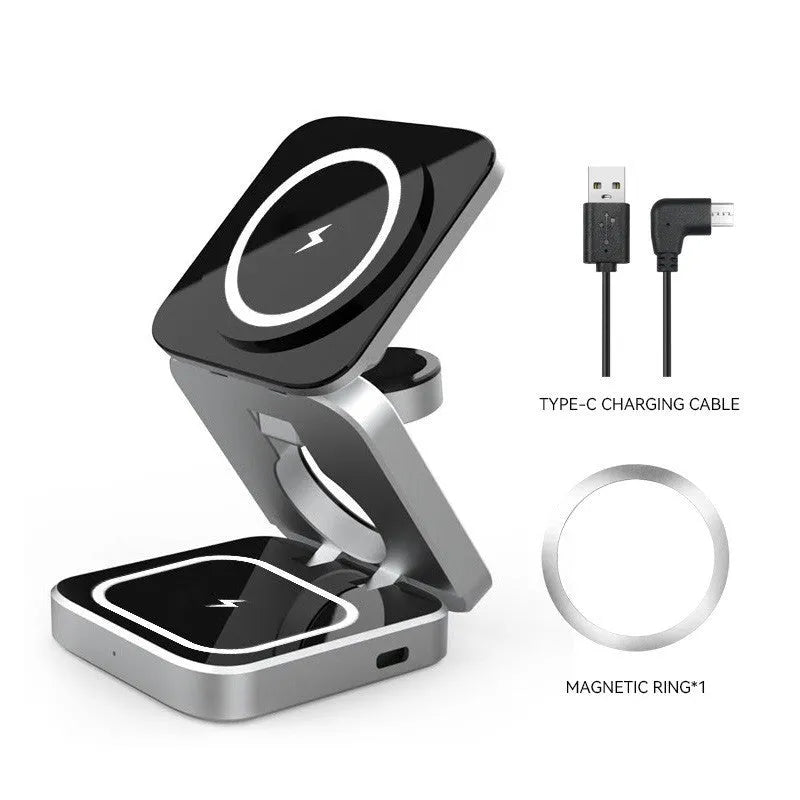 Three-in-one desktop wireless charging bracket for Apple, Samsung and Google Pixel devices with folding design