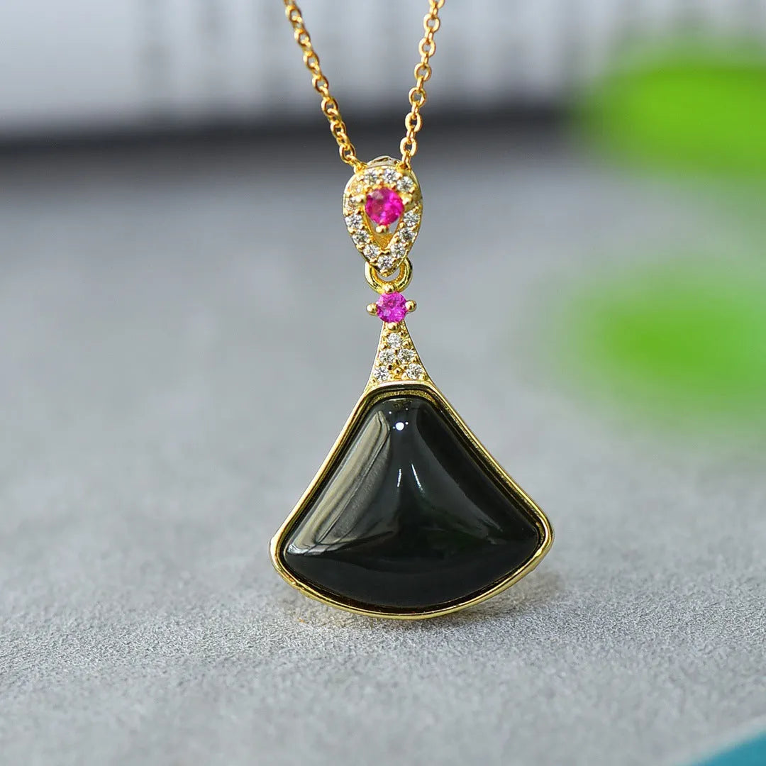 Copper inlaid natural gray Hetian jade flat pendant necklace with modern minimalist design