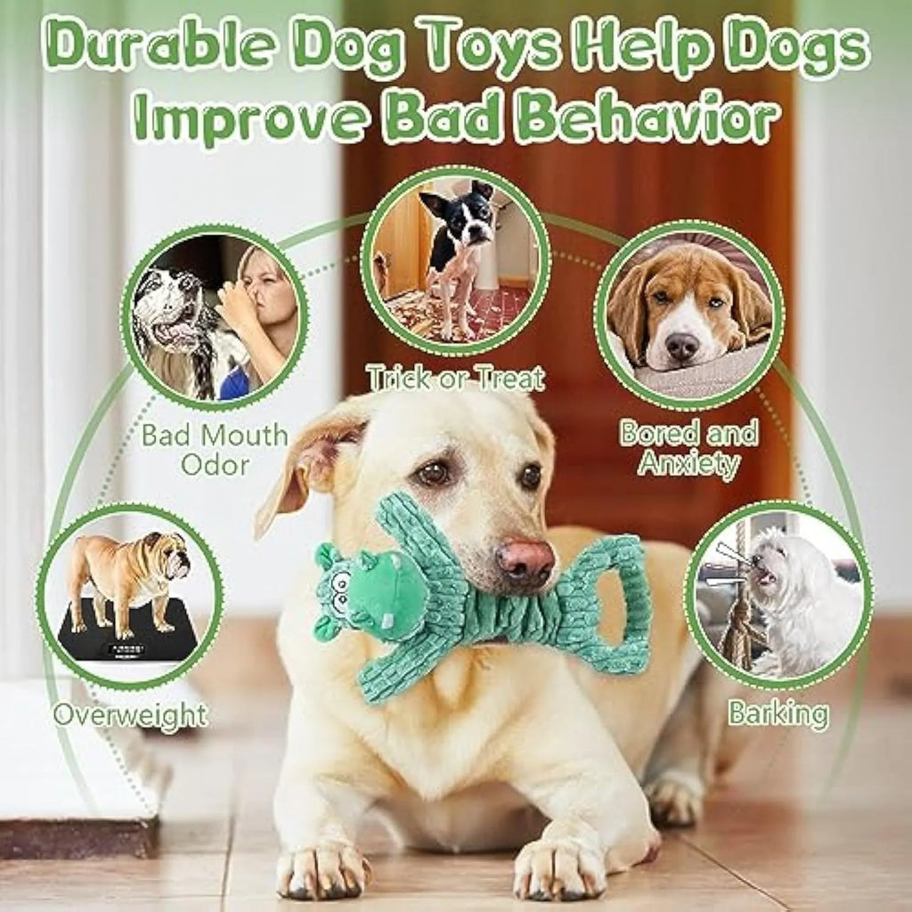 Large plush dog toy with Hippo or Monkey design featuring squeaky and crinkle sounds for interactive play