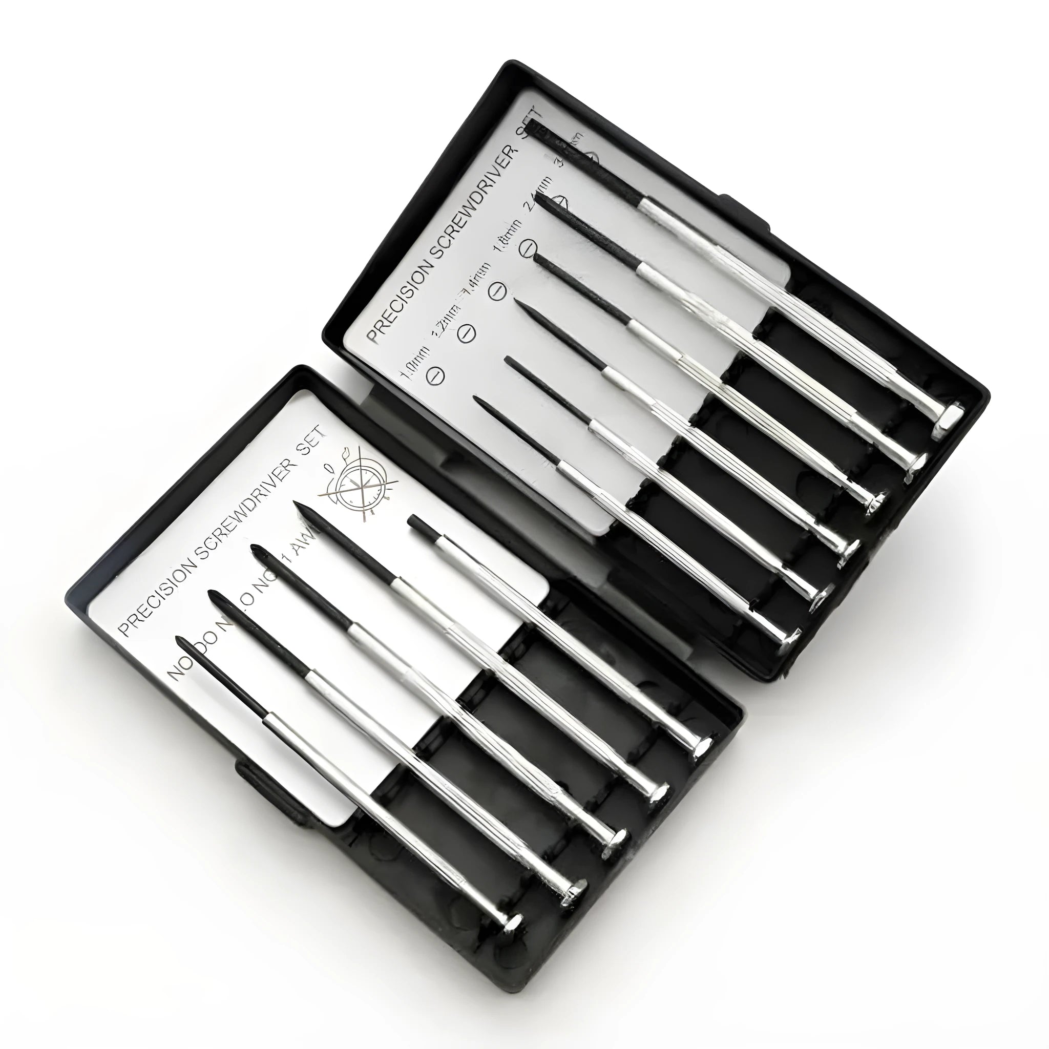 TH-6177 11-piece clock screwdriver set with multiple head types on a workbench.