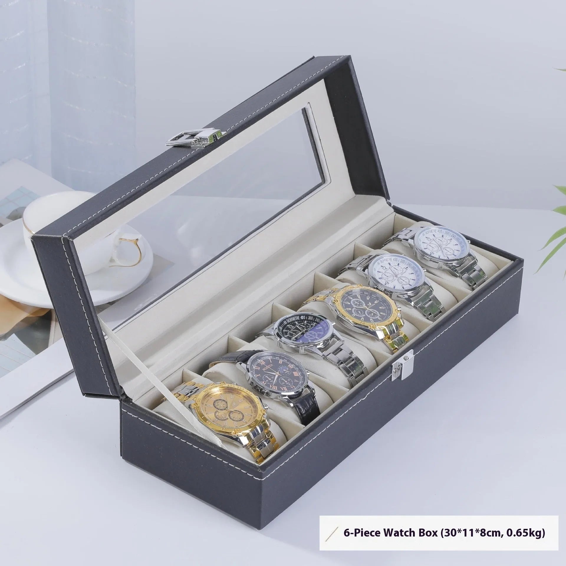 Grey high-grade leather watch storage box with see-through dustproof lid, showing watch slots inside.