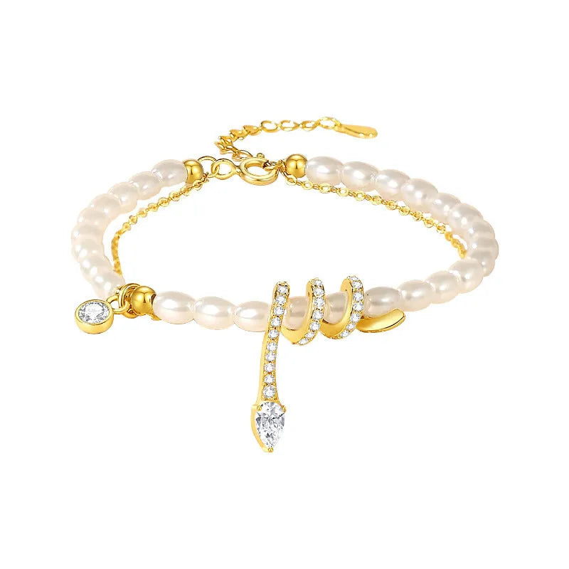 925 silver snake bracelet with pearl beading in gold or white gold electroplated finish, geometric animal design