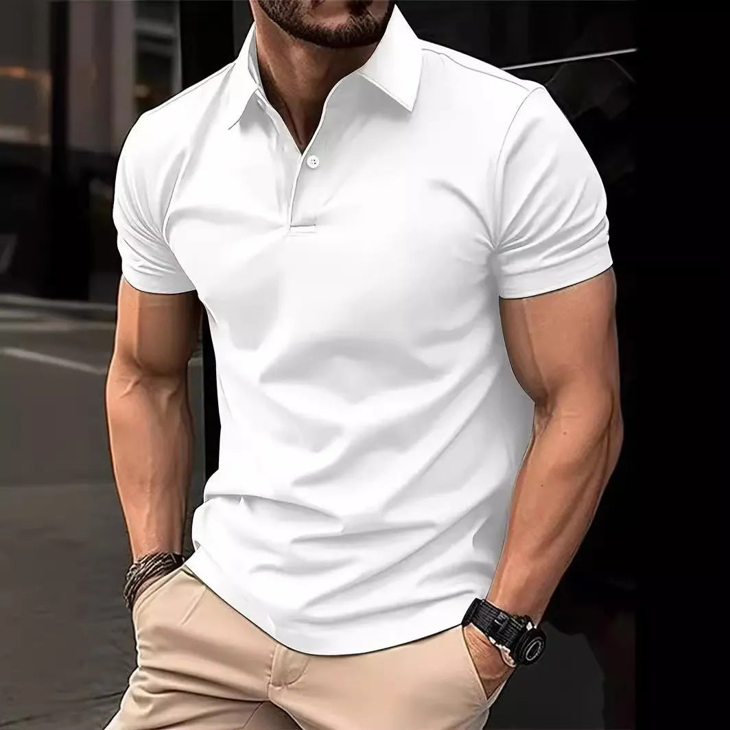 Men's slim fit solid colour button short sleeve shirt on a hanger