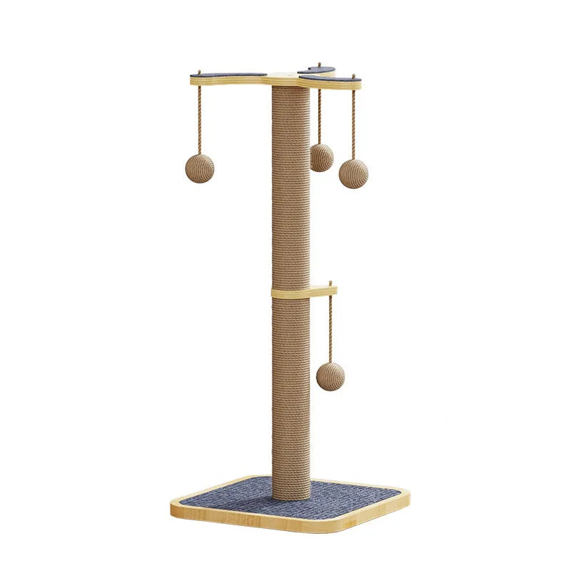 Windmill-coloured cat climbing frame with a hanging ball toy, made from pine wood and carpet leather.