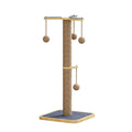 Windmill-coloured cat climbing frame with a hanging ball toy, made from pine wood and carpet leather.