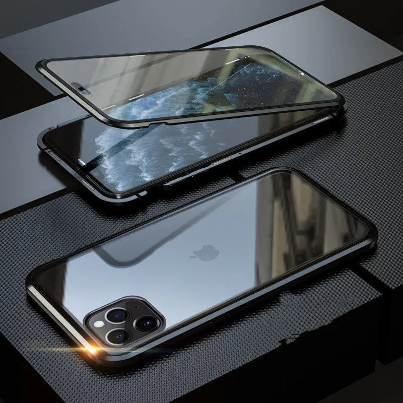 Glass anti-spy iPhone case with clamshell cover shown in black, silver, red, gold, green, and blue colour options.