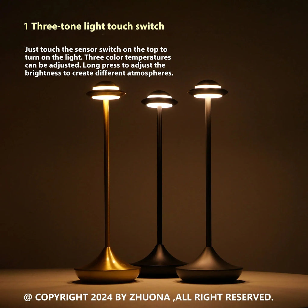 UFO table lamp in black, gold, or grey with touch dimming and rechargeable battery