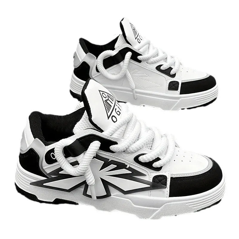 Men's white chunky sneakers with thick rubber sole, synthetic leather upper, and front lace-up.