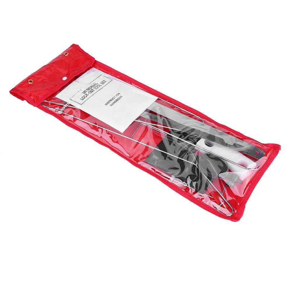 9-piece automotive emergency tool set with air pump wedge, plastic wedges, hooks, and crowbar tools
