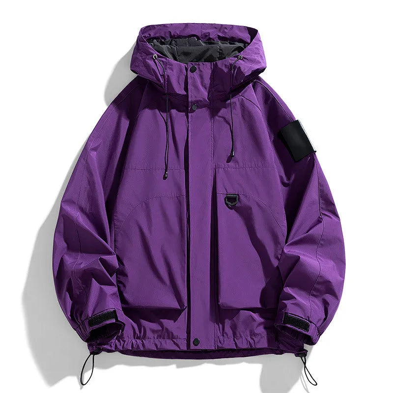 Men's windproof waterproof hooded coat in black, purple or ginger yellow colours with long sleeves