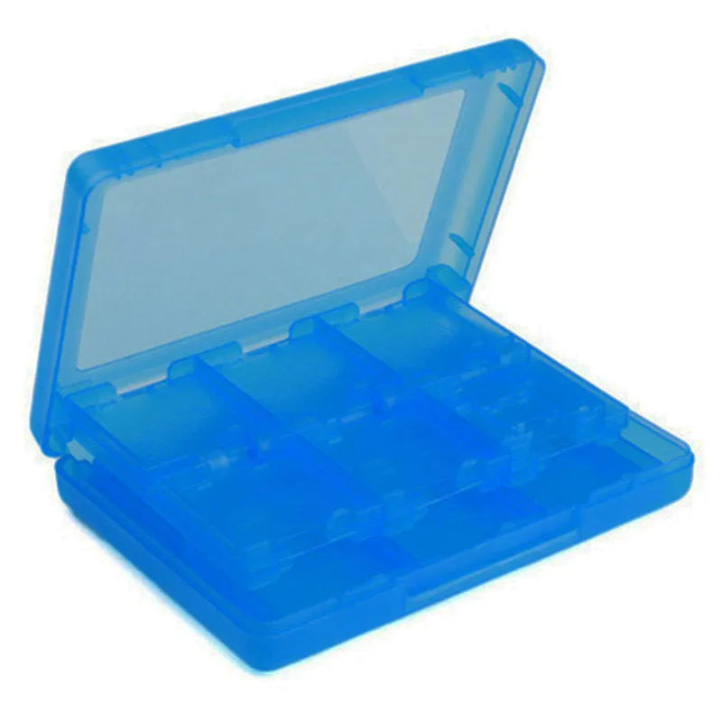 NDS 3DS game card storage box holding multiple game cartridges, shown in blue colour.