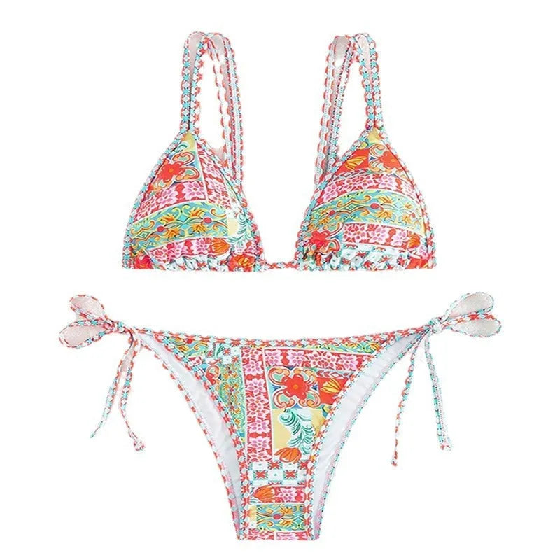 Women's lace-up backless swimsuit with adjustable ties and high-waisted bikini bottoms