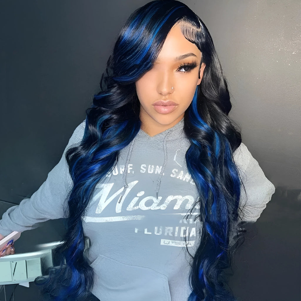 A woman wearing a long, real human hair lace front wig with a 4x4 transparent lace hairline.