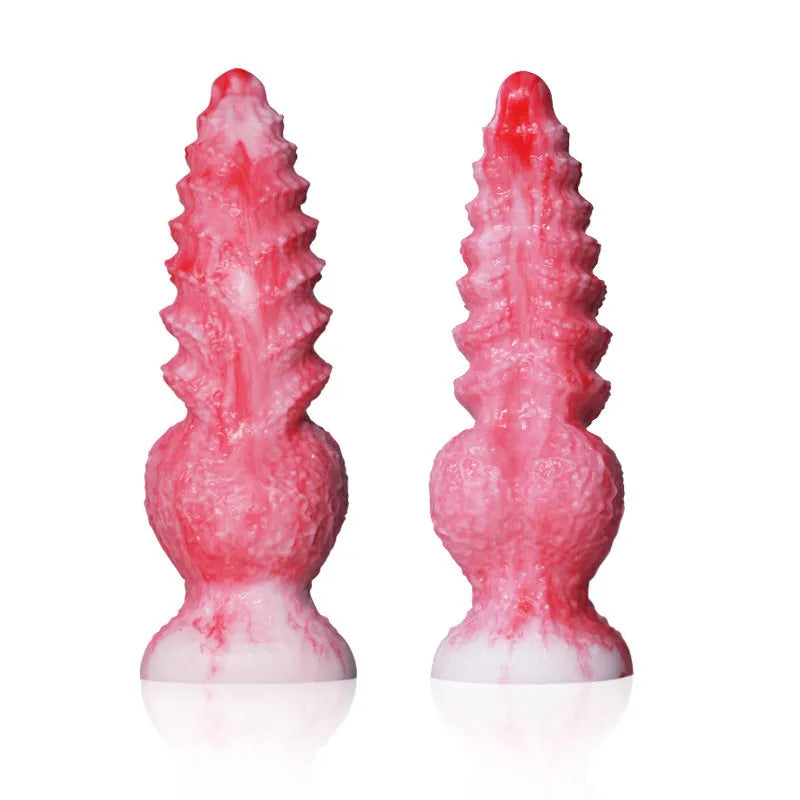 Pink platinum silicone shaped penis masturbation device for women, shown in Berserker S and M sizes.