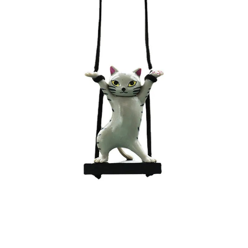 Cartoon-style resin cat pendant for car interior with adjustable rope