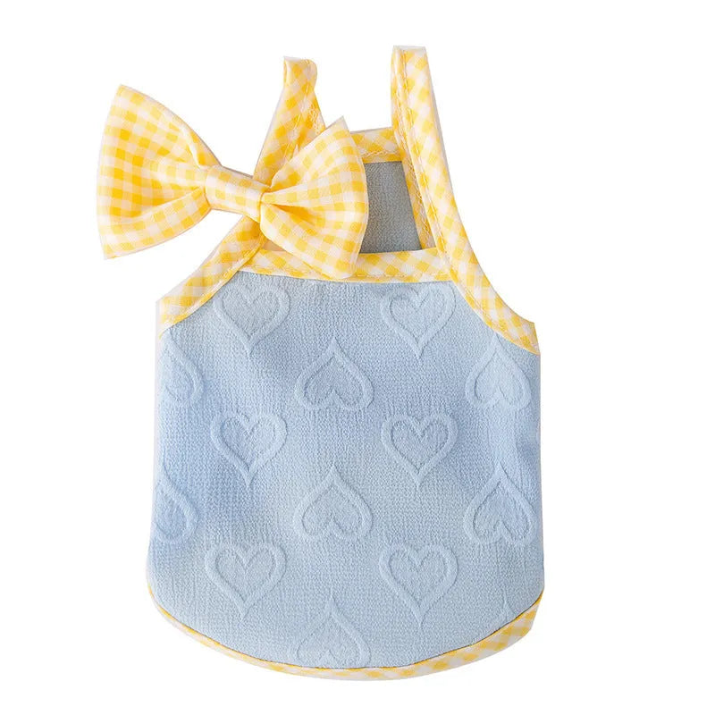 Small dog vest with heart bow suspenders in elastic material showing Bondi Blue colour option
