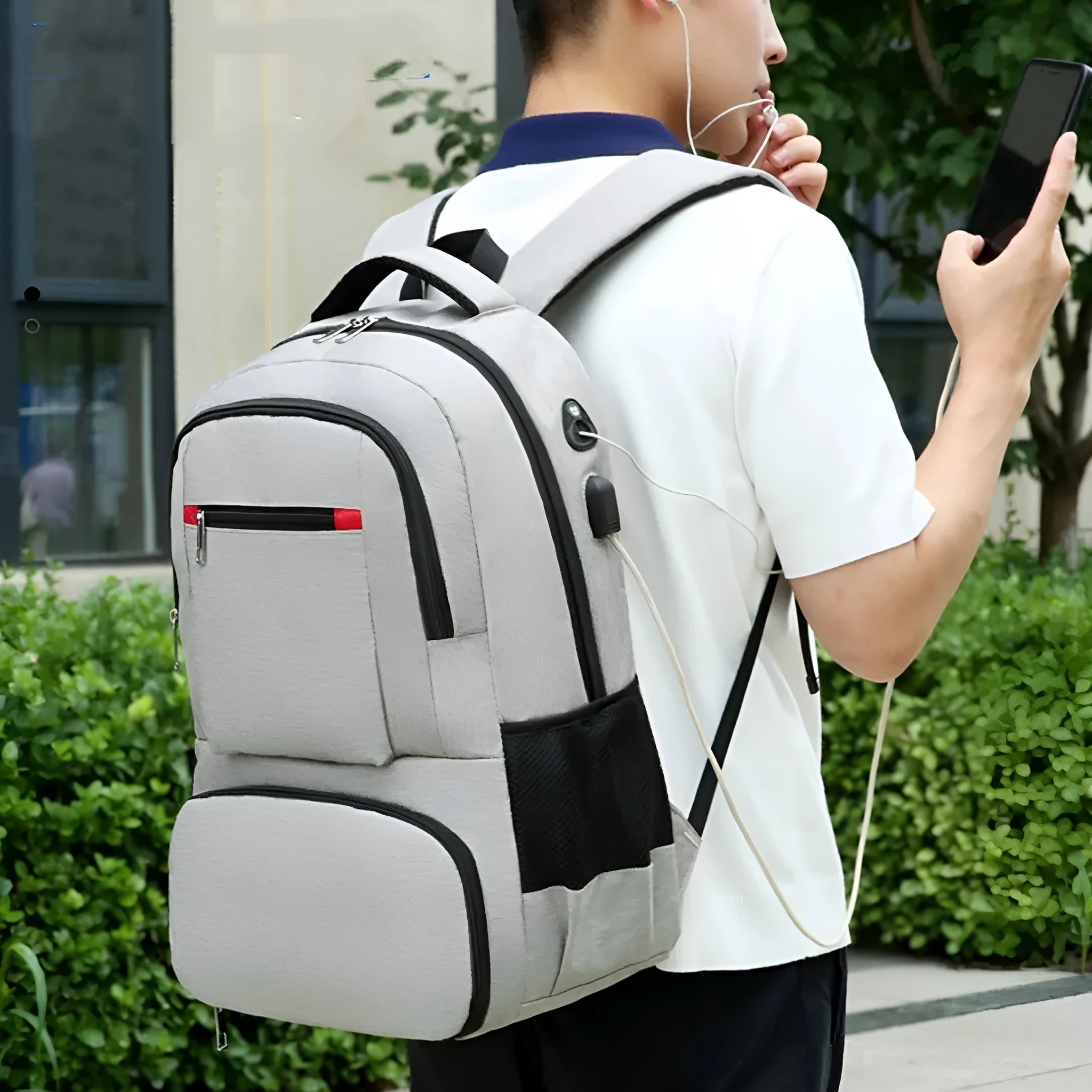 Insulated Oxford cloth backpack with pull rod belt in light grey, black, or dark grey colour options