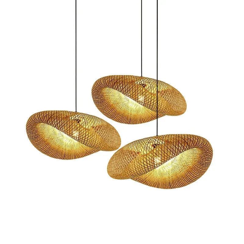 Bamboo hanging lamp with straw hat shape and 60cm diameter, made from natural rattan