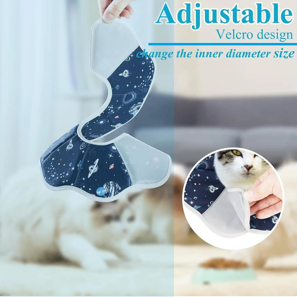 Soft fabric cat recovery cone collar with adjustable fastener in constellation or planet design