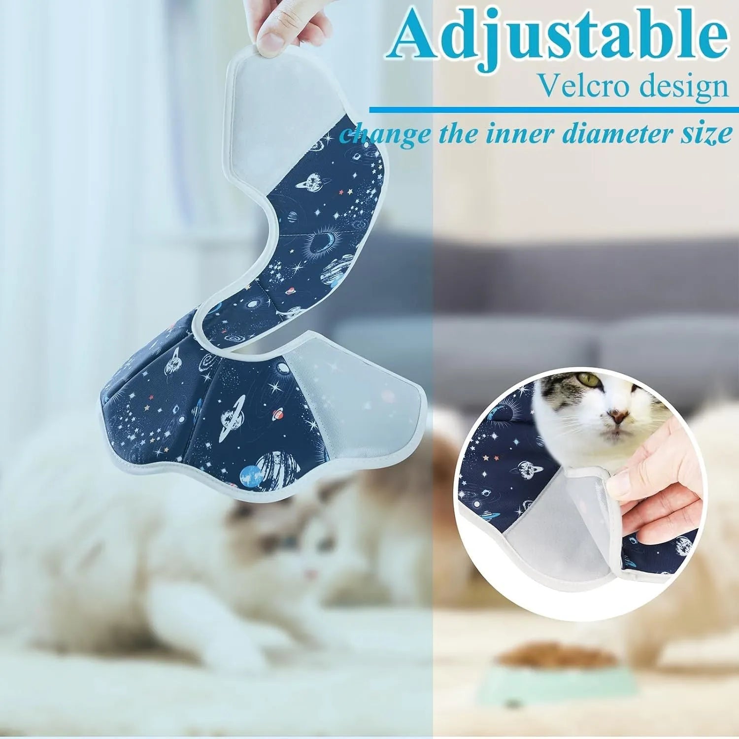 Soft fabric cat recovery cone collar with adjustable fastener in constellation or planet design
