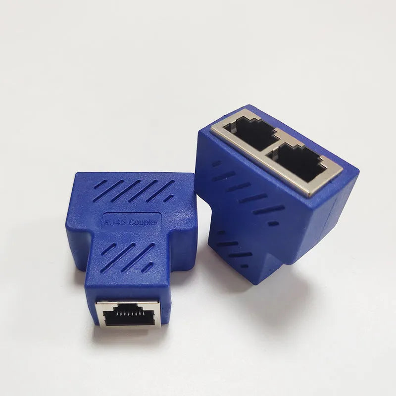 White RJ45 network cable splitter with one male and two female connectors