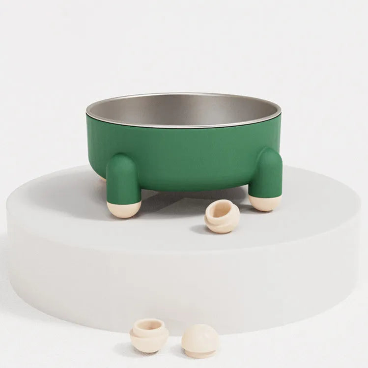 Green non-slip stainless steel pet food bowl with anti-overturn base and raised foot