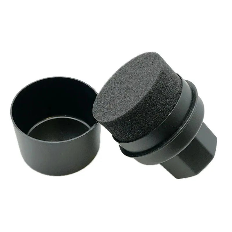 Black car tyre polishing sponge brush with plastic lid on a 85mm by 120mm yellow plastic housing