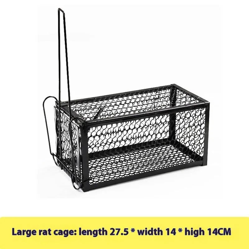 Automatic mouse trap cage with metal spring mechanism and plastic housing in multiple sizes for indoor rodent control