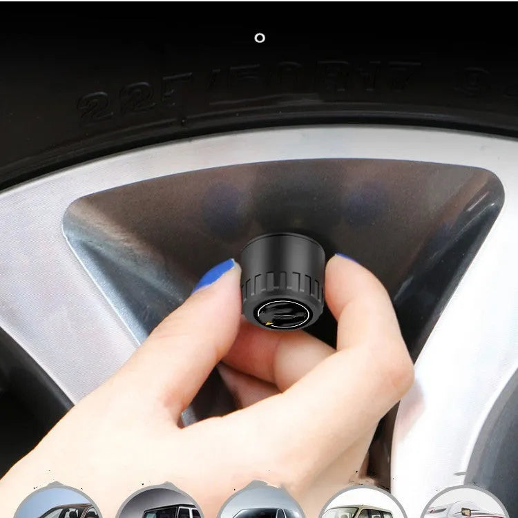 Black Bluetooth tire pressure monitoring system with four external sensors, wrench, and anti-theft screws