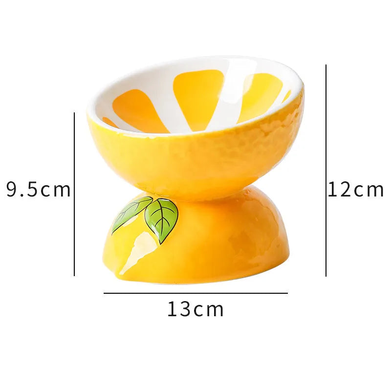 Ceramic raised cat bowl with elevated platform and tilted wide dish design
