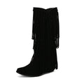 Women's suede knee-high boots with tassel detail and chunky heel in beige colour