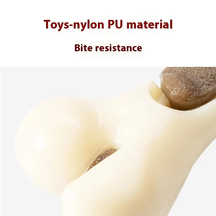 Cowhide and nylon bone-shaped dog chew toy in two sizes, large and small.