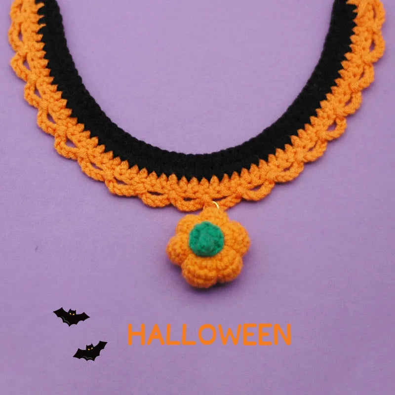 Hand-crocheted wool pet collar with pumpkin design for Halloween in adjustable sizes