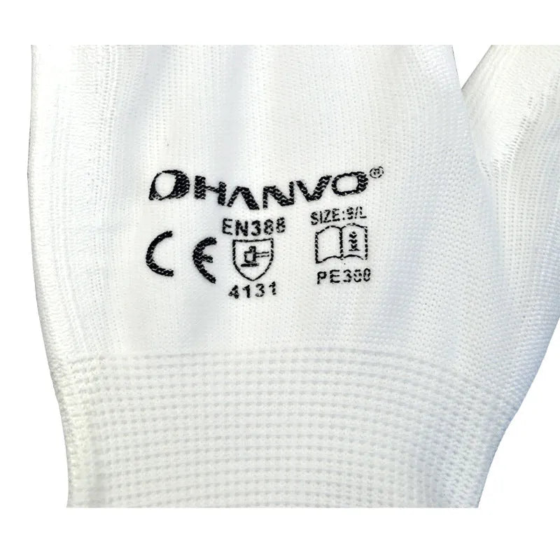 White PU coated labour gloves showing flexible material, laid flat to display 24cm length and size tag.