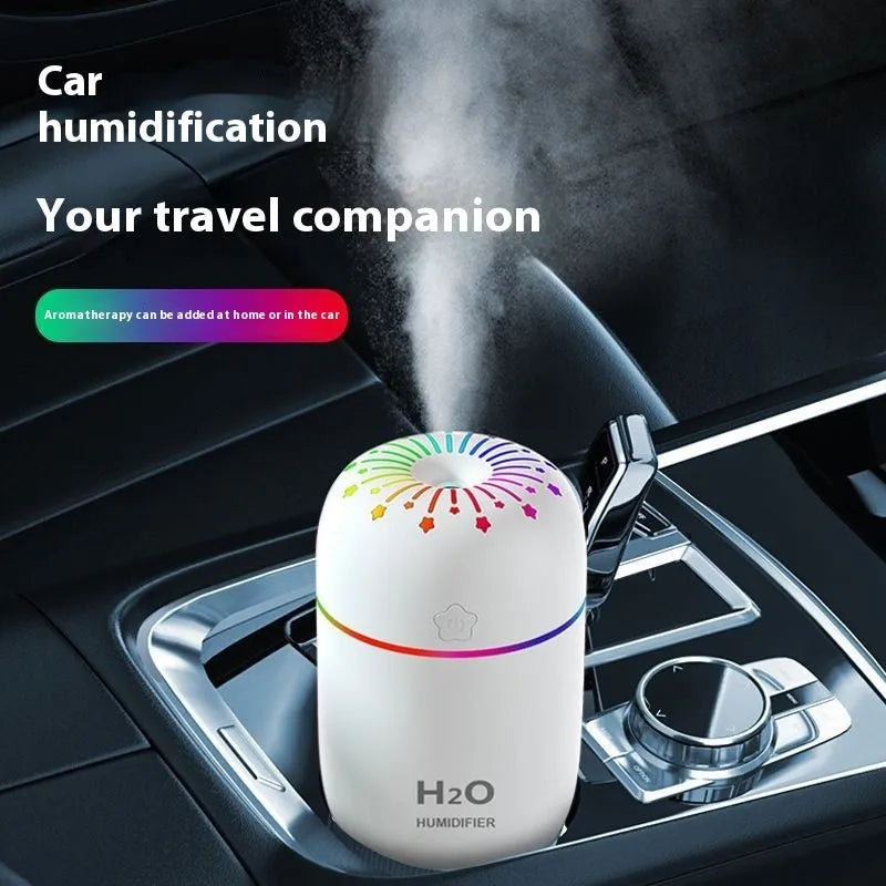 Compact white USB humidifier with 300ml water tank on desk with measuring tape showing 75mm dimensions