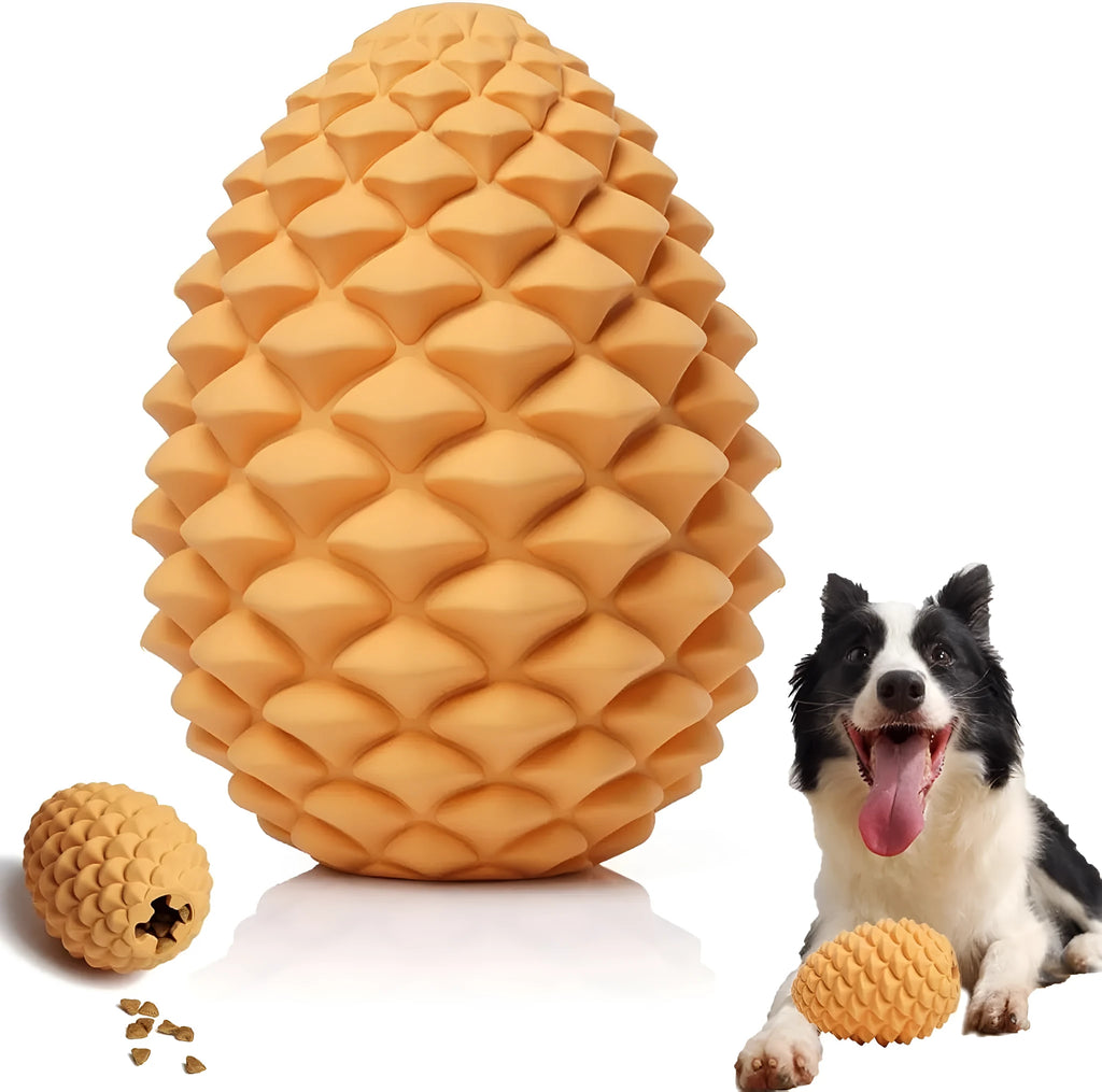 Yellow pine cone-shaped dog chew toy with textured surface and treat dispensing slot