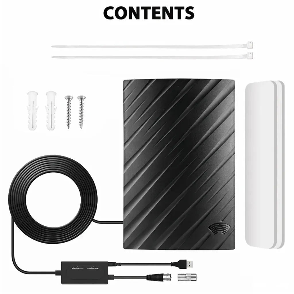Black HD digital television antenna with mounting accessories including expansion tubes, screws, cable ties and adhesive tape