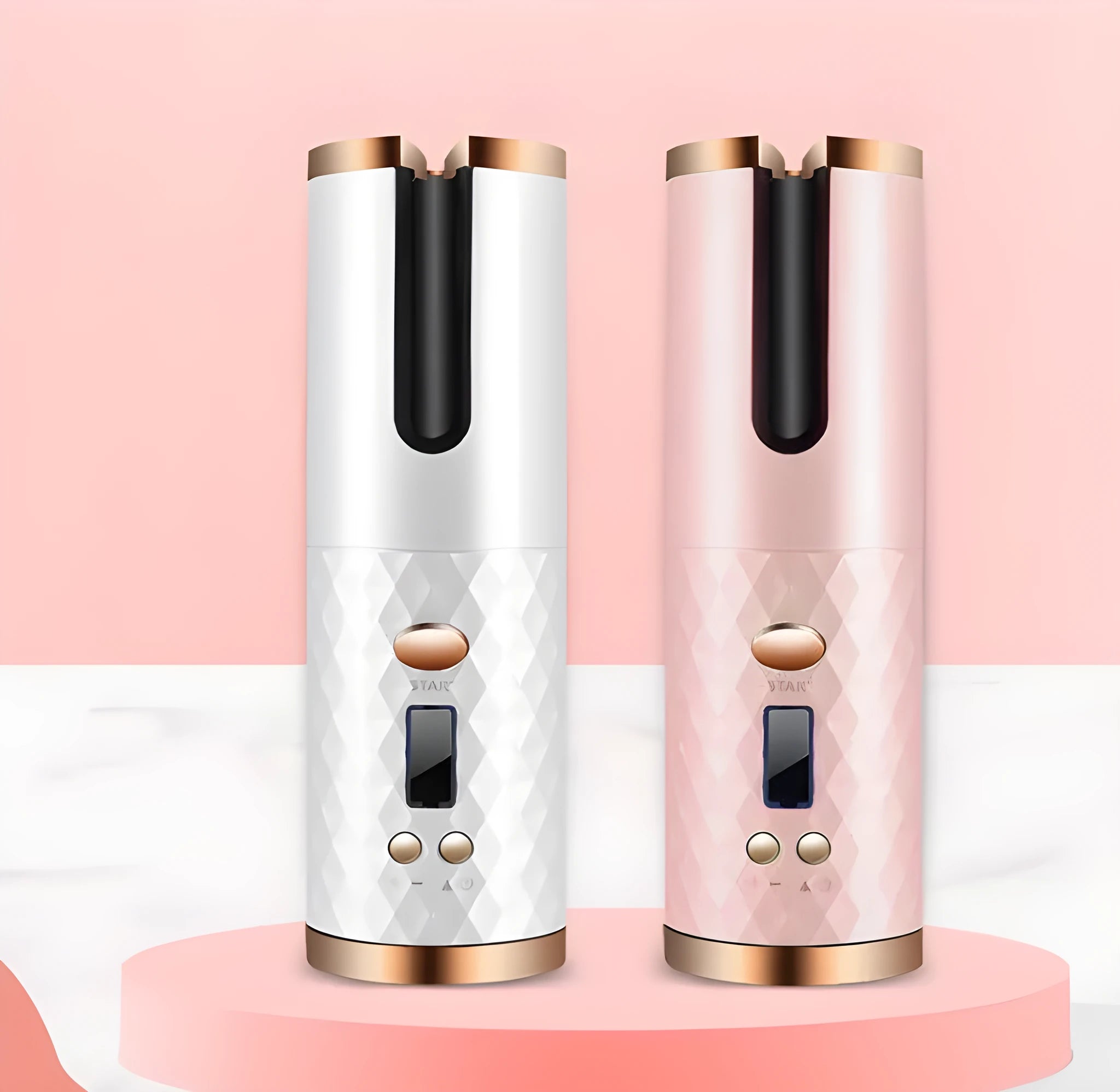 White portable USB wireless curling iron with a gold ceramic barrel and digital temperature display.