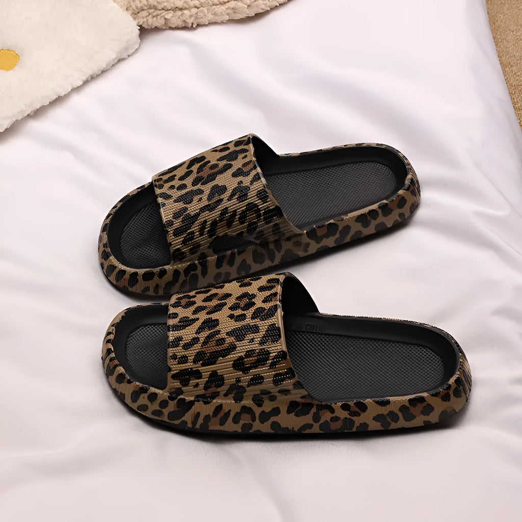 Women's leopard print slippers with thick EVA sole in multiple colour options.