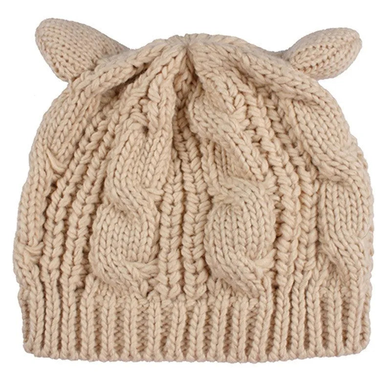 Hand knitted wool beanie hat with 3D cat ears in red black beige and yellow for winter warmth